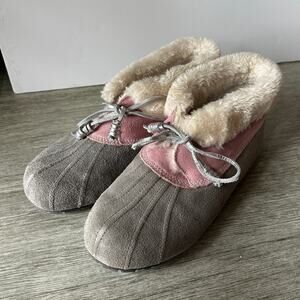 Sperry Gray/Pink Leather Upper Faux Sherpa Lining Duck Boot Slippers Size 7